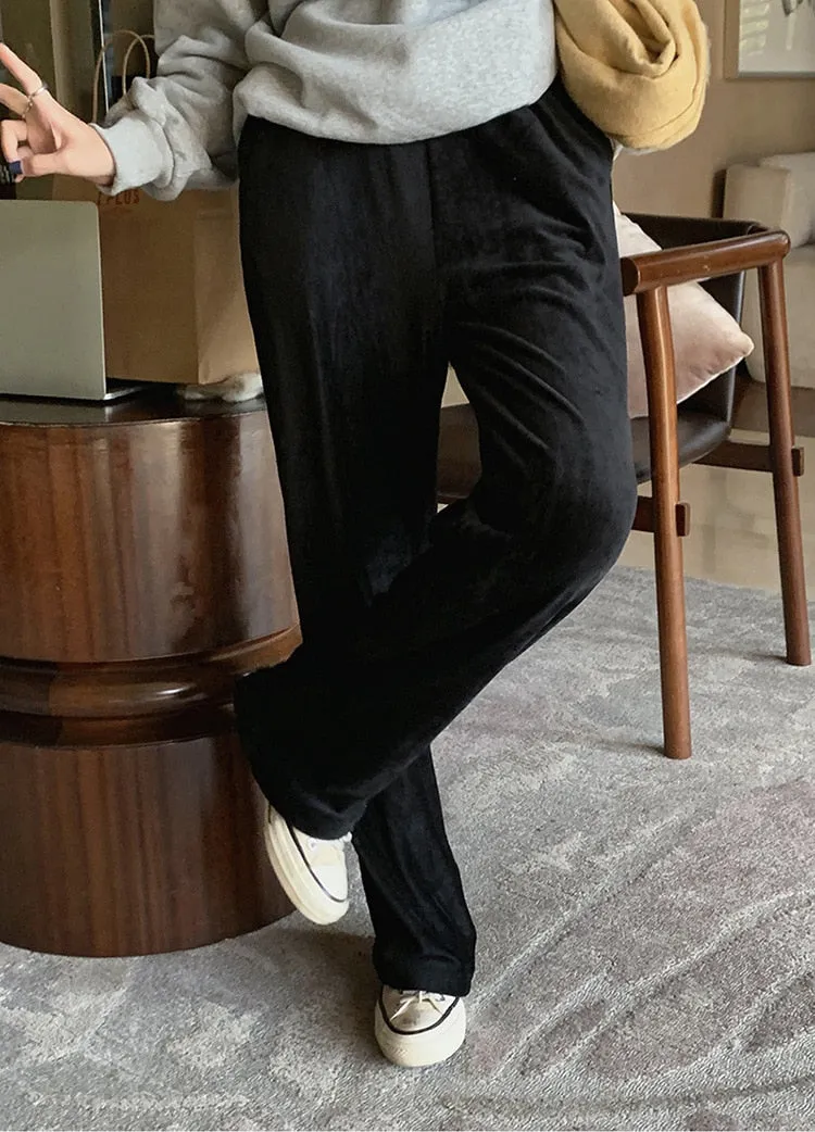 [Korean Style] High Waist Black Velvet Cinched Waist Wide Leg Pants