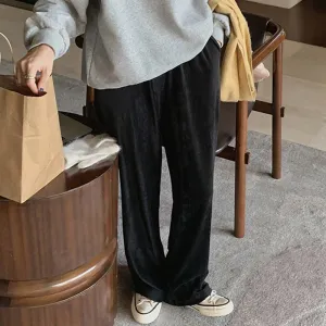 [Korean Style] High Waist Black Velvet Cinched Waist Wide Leg Pants