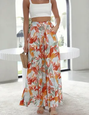 Leaf Print Solid-color High Waist Wide Leg Pants