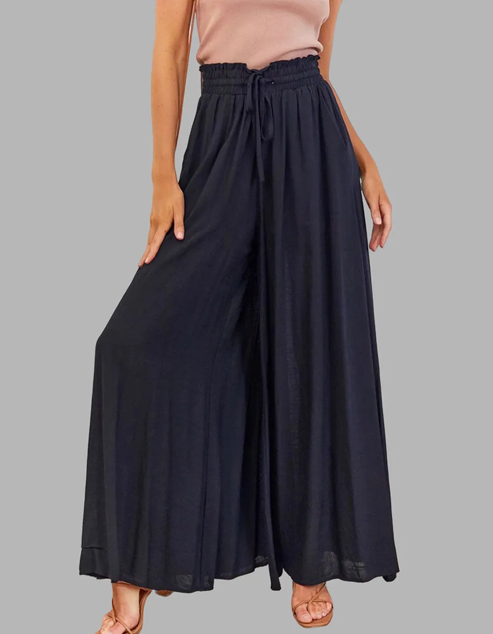 Leaf Print Solid-color High Waist Wide Leg Pants
