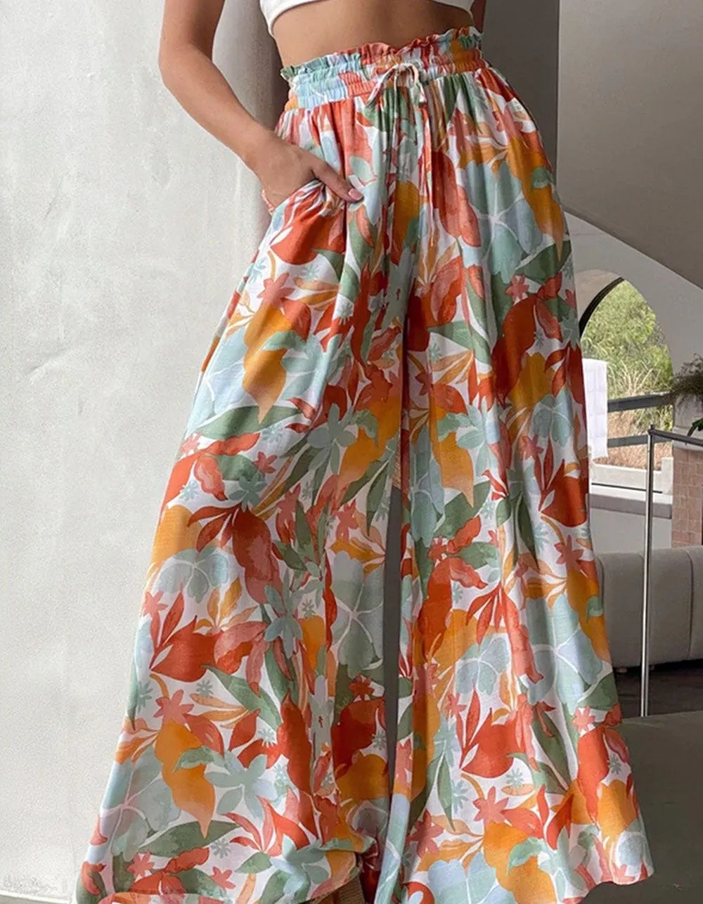 Leaf Print Solid-color High Waist Wide Leg Pants