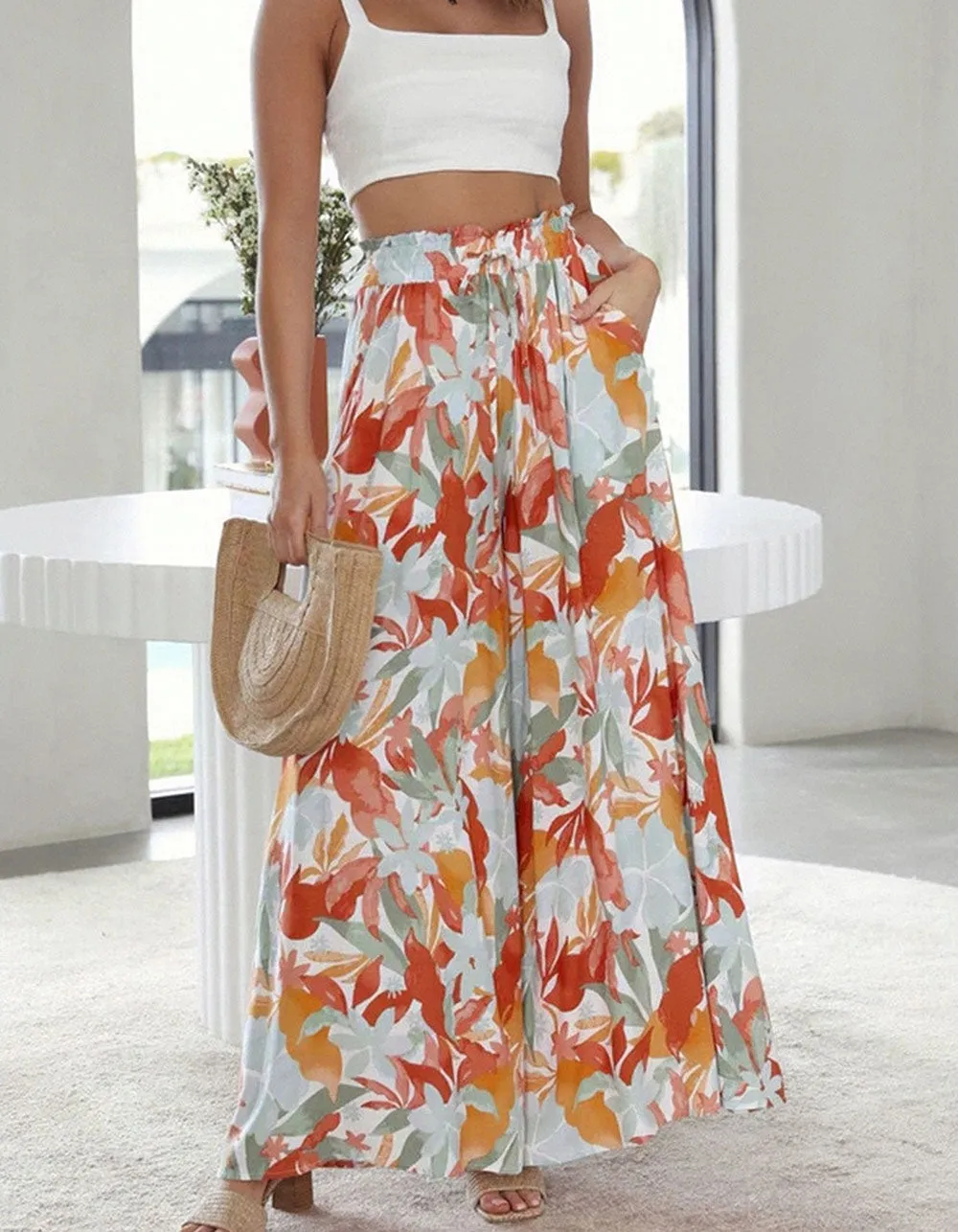 Leaf Print Solid-color High Waist Wide Leg Pants