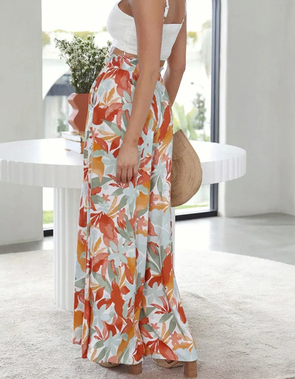 Leaf Print Solid-color High Waist Wide Leg Pants