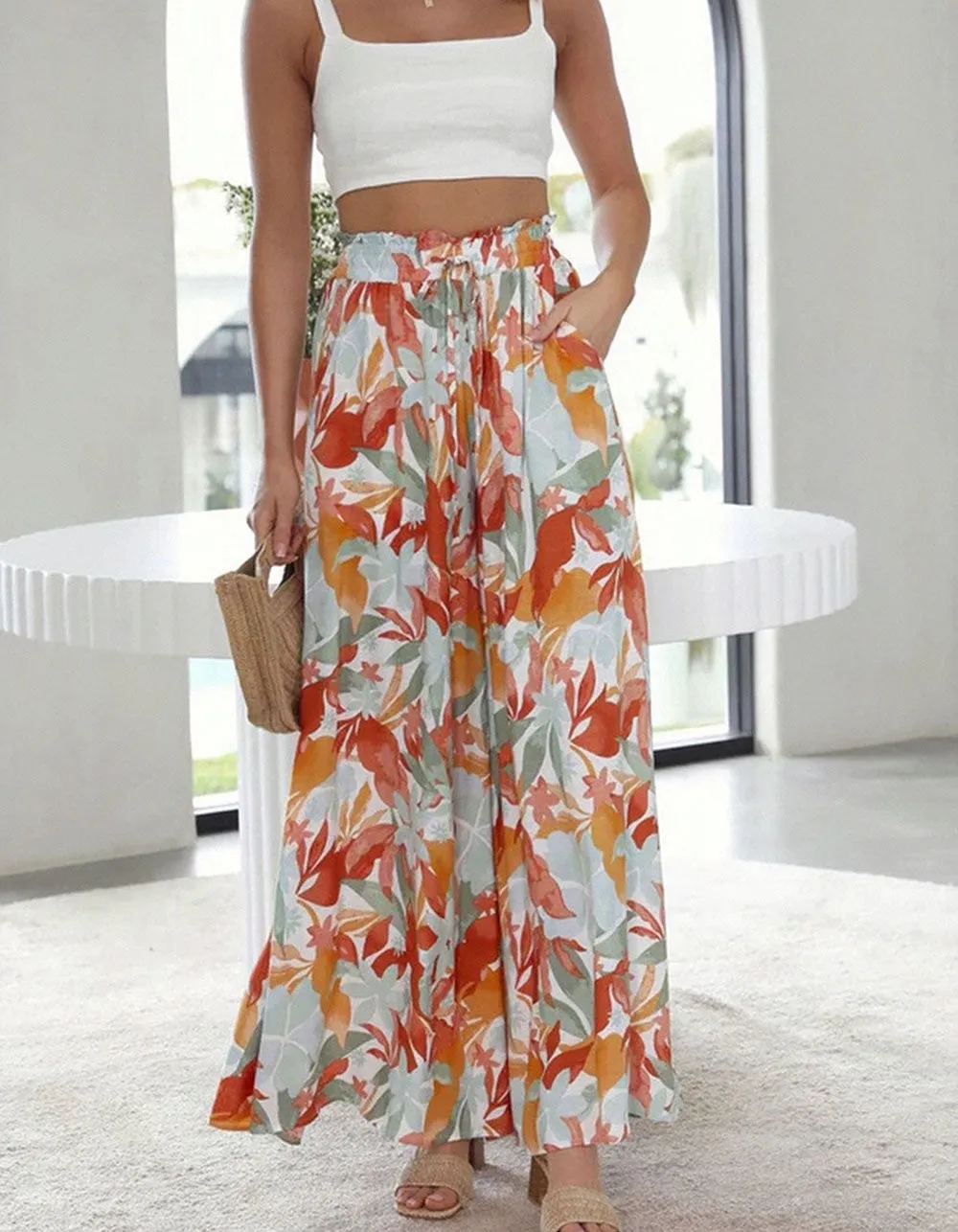 Leaf Print Solid-color High Waist Wide Leg Pants