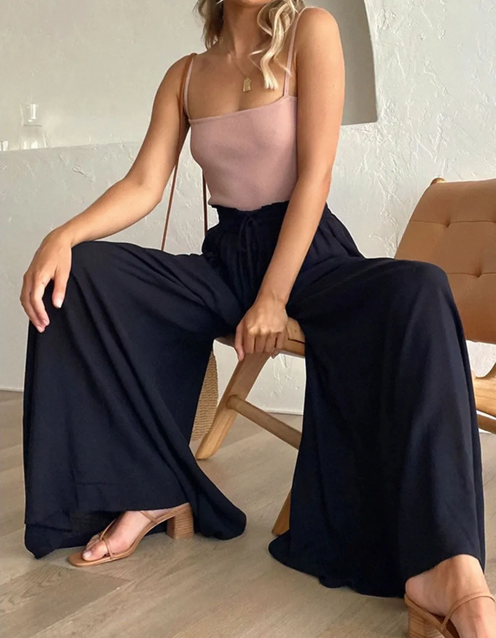 Leaf Print Solid-color High Waist Wide Leg Pants