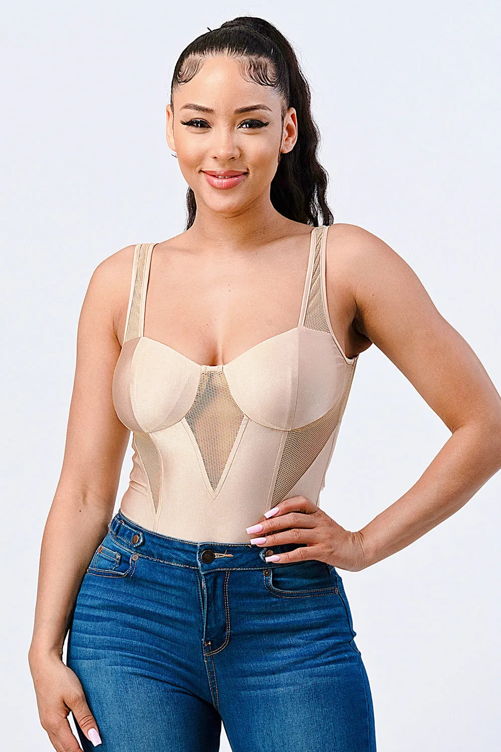 LUX SATIN SEE-THRU MESH DETAIL BODYSUIT