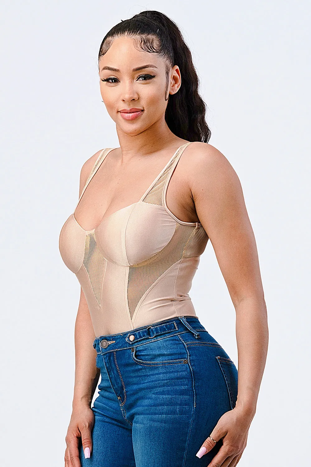 LUX SATIN SEE-THRU MESH DETAIL BODYSUIT