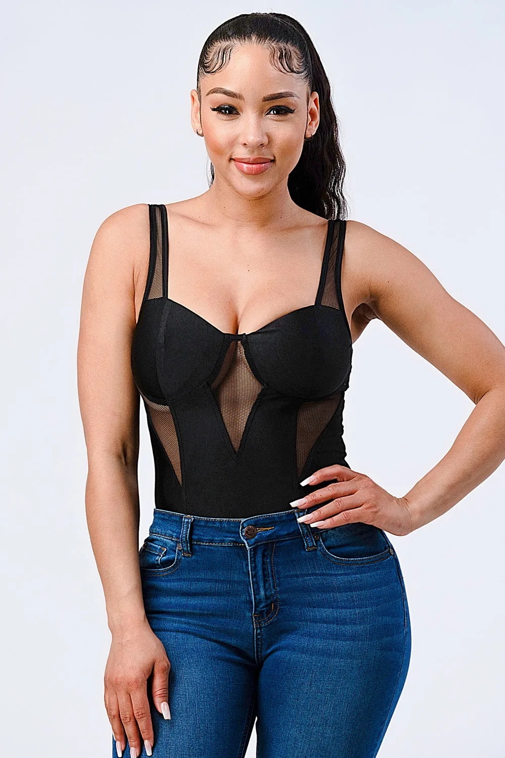 LUX SATIN SEE-THRU MESH DETAIL BODYSUIT