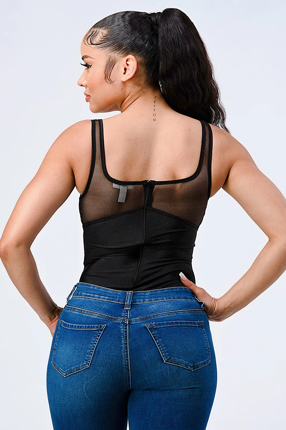 LUX SATIN SEE-THRU MESH DETAIL BODYSUIT