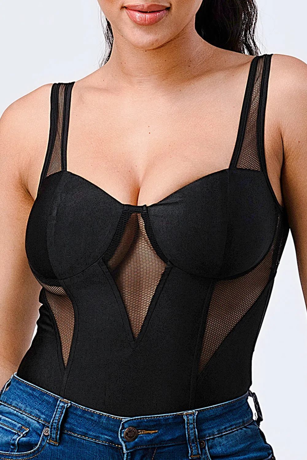 LUX SATIN SEE-THRU MESH DETAIL BODYSUIT