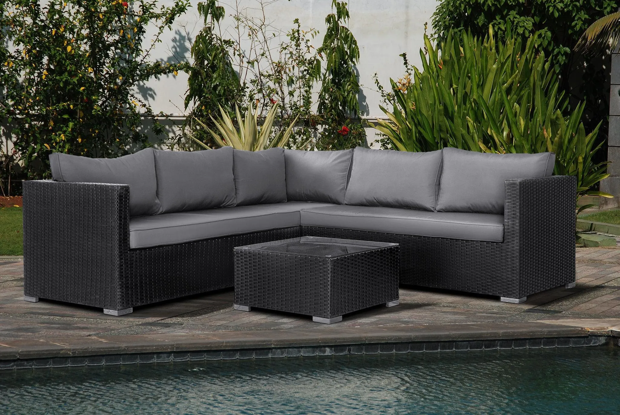 Matera 7 Seater Right Hand Corner Rattan Garden Sofa & Table Black
