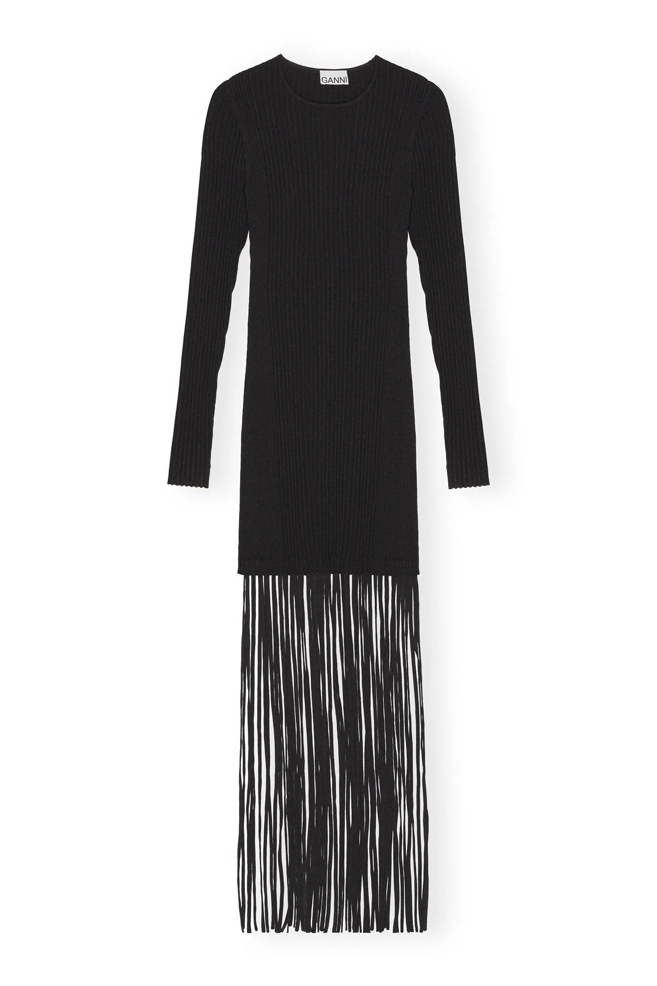 Melange Knit Fringe Mini Dress | Black