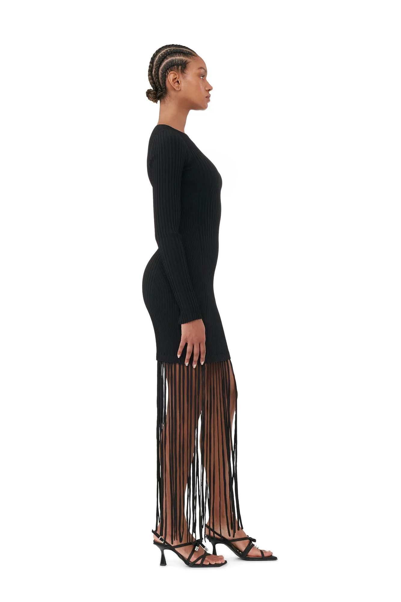 Melange Knit Fringe Mini Dress | Black