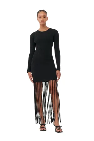 Melange Knit Fringe Mini Dress | Black
