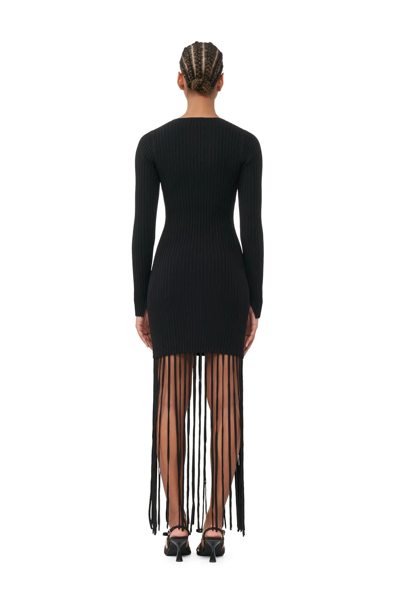 Melange Knit Fringe Mini Dress | Black