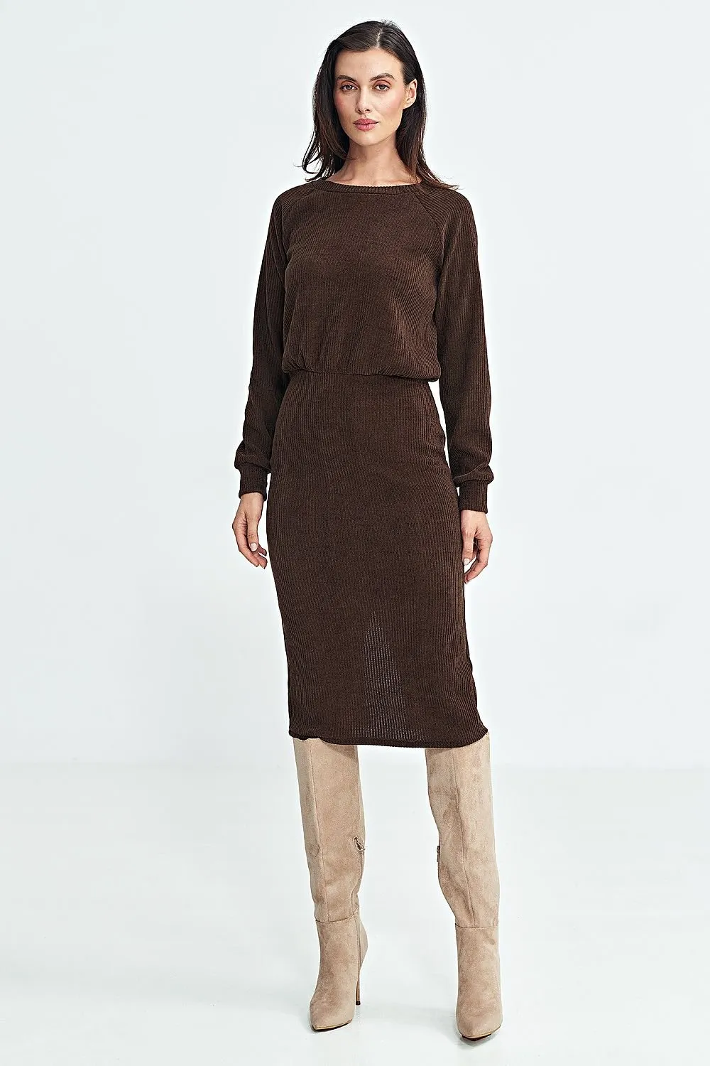 Ribbed Knit Fabric Elastic Waistband Dress