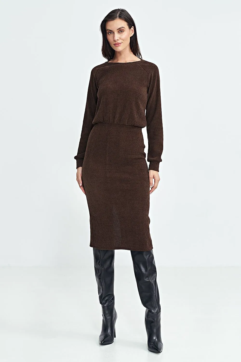 Ribbed Knit Fabric Elastic Waistband Dress