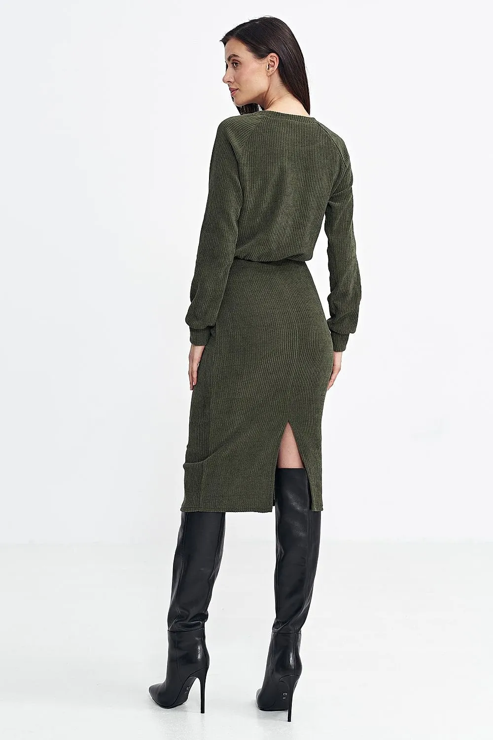 Ribbed Knit Fabric Elastic Waistband Dress