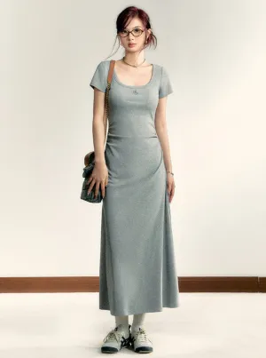 Scoop Neck Maxi T-Shirt Dress - Casual Side Ruched Jersey Knit Gown