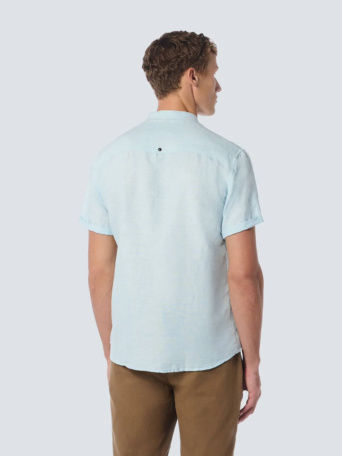 Shirt Short Sleeve Granddad 2 Coloured Melange With Linen | Aqua