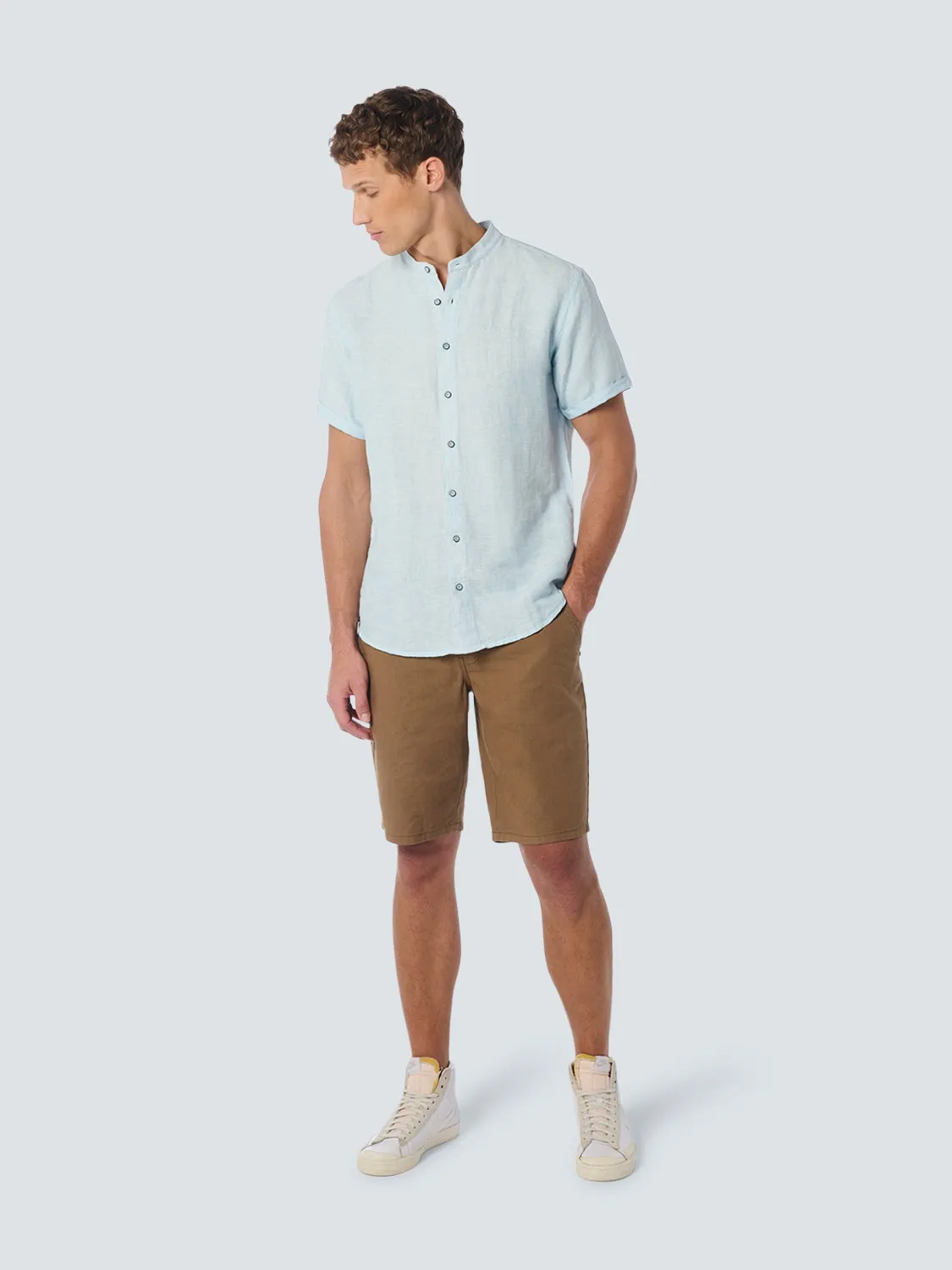 Shirt Short Sleeve Granddad 2 Coloured Melange With Linen | Aqua