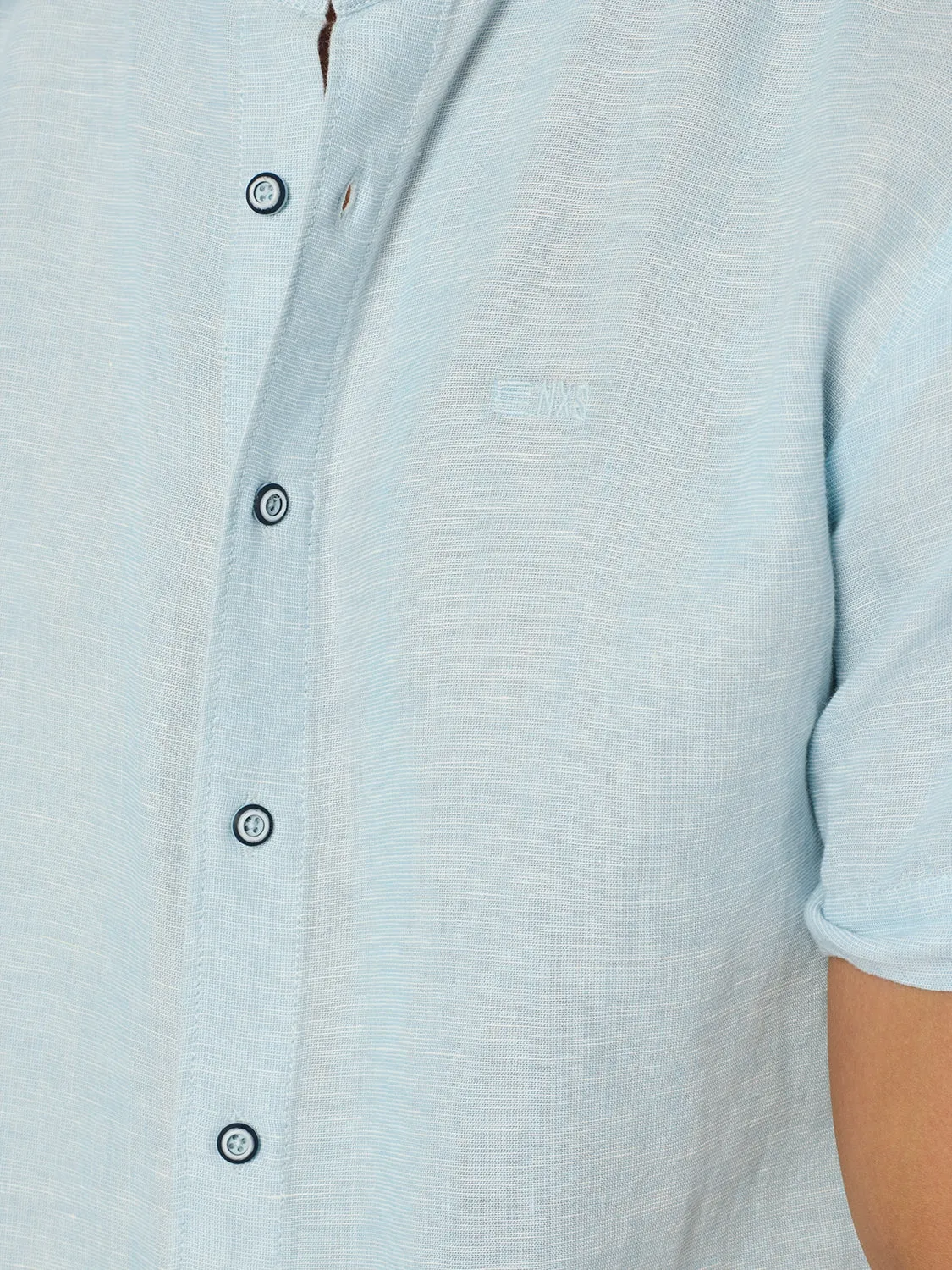 Shirt Short Sleeve Granddad 2 Coloured Melange With Linen | Aqua