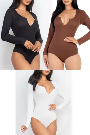 Split Neck Long Sleeve Bodysuit