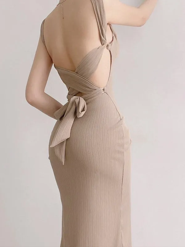 TastyHottie - Tie Back Black Tank Long Bodycon Dress