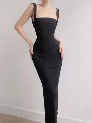 TastyHottie - Tie Back Black Tank Long Bodycon Dress