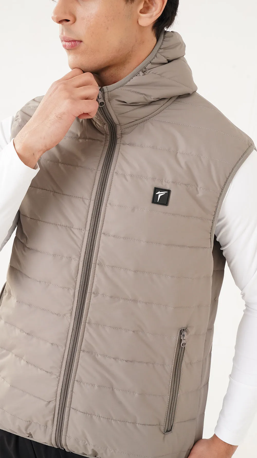 Tf-Premium Light Brown Sleeveless Puffer Hoodie Jacket