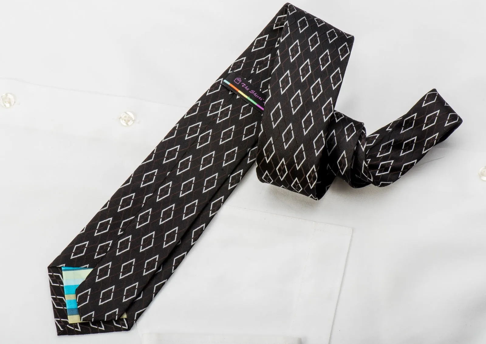 The Shirts Studio Skinny Silk Necktie Silver Harlequins On Black