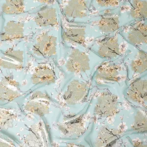 Vista green synthetic chiffon fabric with multicolor print having gold metallic lurex in floral design-D8313