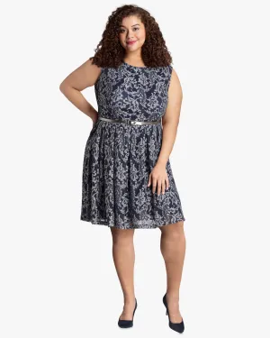 Waldorf Belted Lace Dress | Navy / Light Grey