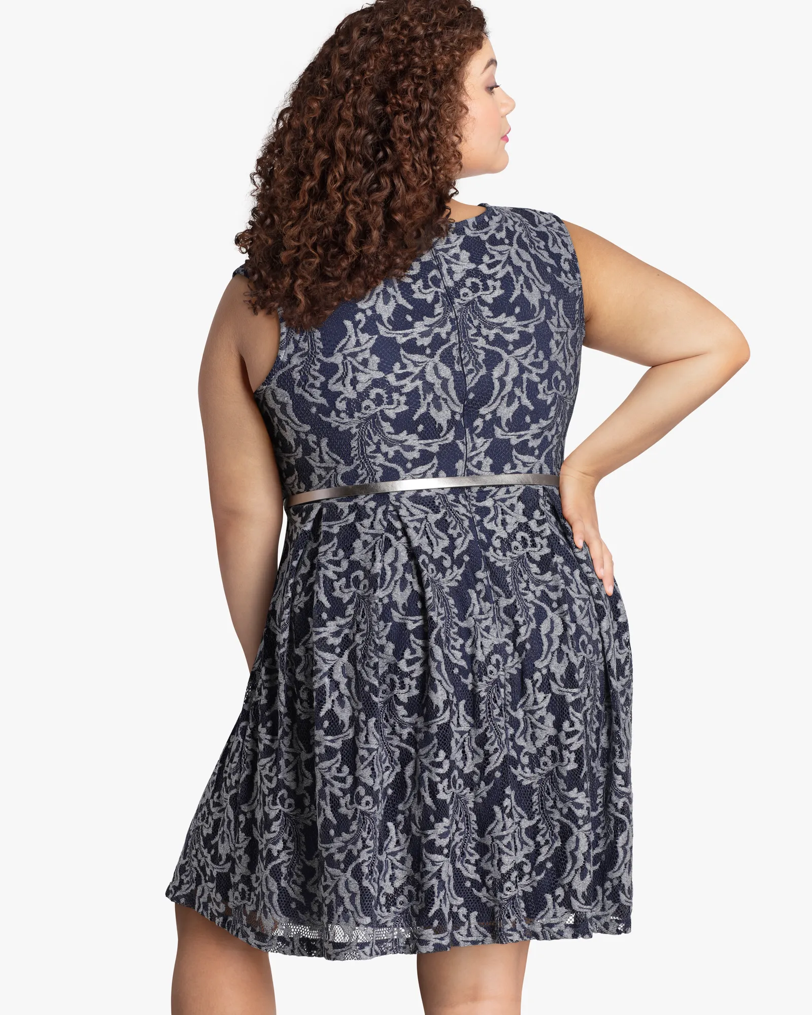 Waldorf Belted Lace Dress | Navy / Light Grey