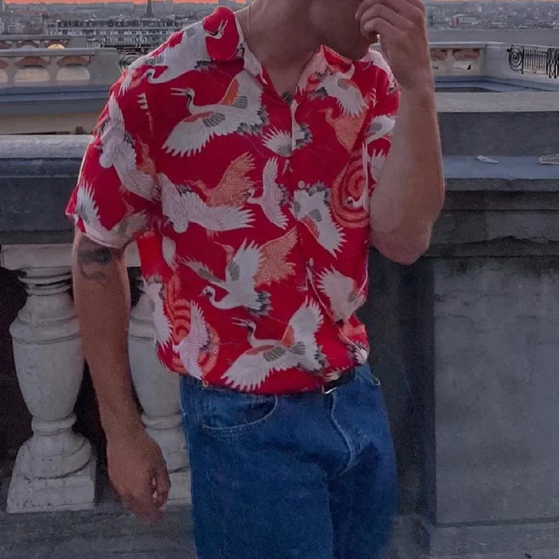 Wiaofellas  -  Spring Summer Men's Casual Shirts Short Sleeve Button-up Turn-down Collar Loose Shirt Men Stylish Graphic Print Shirts Male