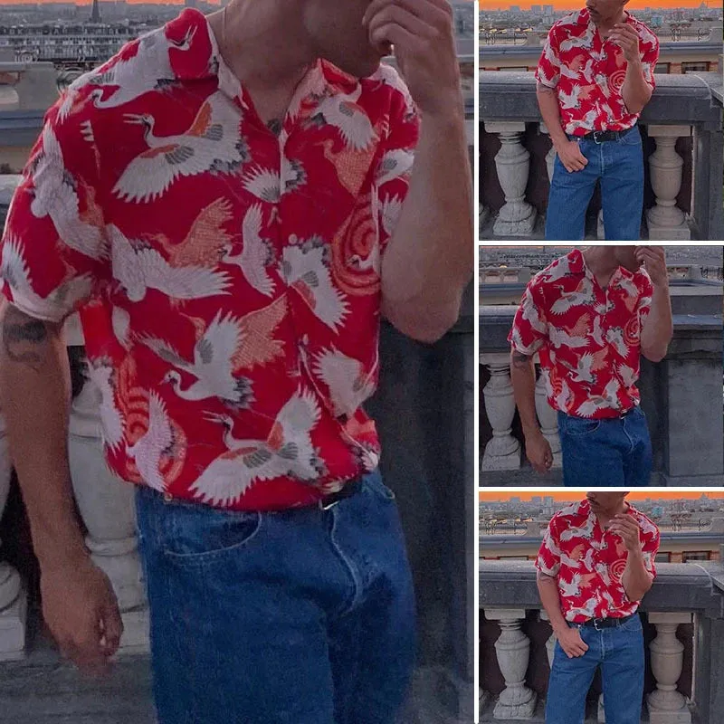 Wiaofellas  -  Spring Summer Men's Casual Shirts Short Sleeve Button-up Turn-down Collar Loose Shirt Men Stylish Graphic Print Shirts Male