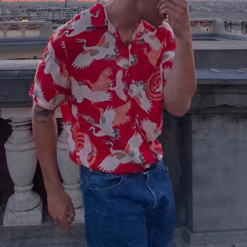 Wiaofellas  -  Spring Summer Men's Casual Shirts Short Sleeve Button-up Turn-down Collar Loose Shirt Men Stylish Graphic Print Shirts Male