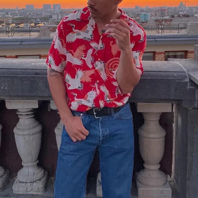 Wiaofellas  -  Spring Summer Men's Casual Shirts Short Sleeve Button-up Turn-down Collar Loose Shirt Men Stylish Graphic Print Shirts Male