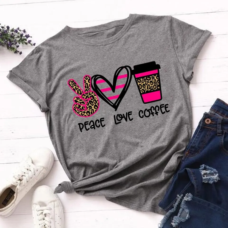 Woman Leopard Peace Love Coffee Streetwear Casual T Shirts