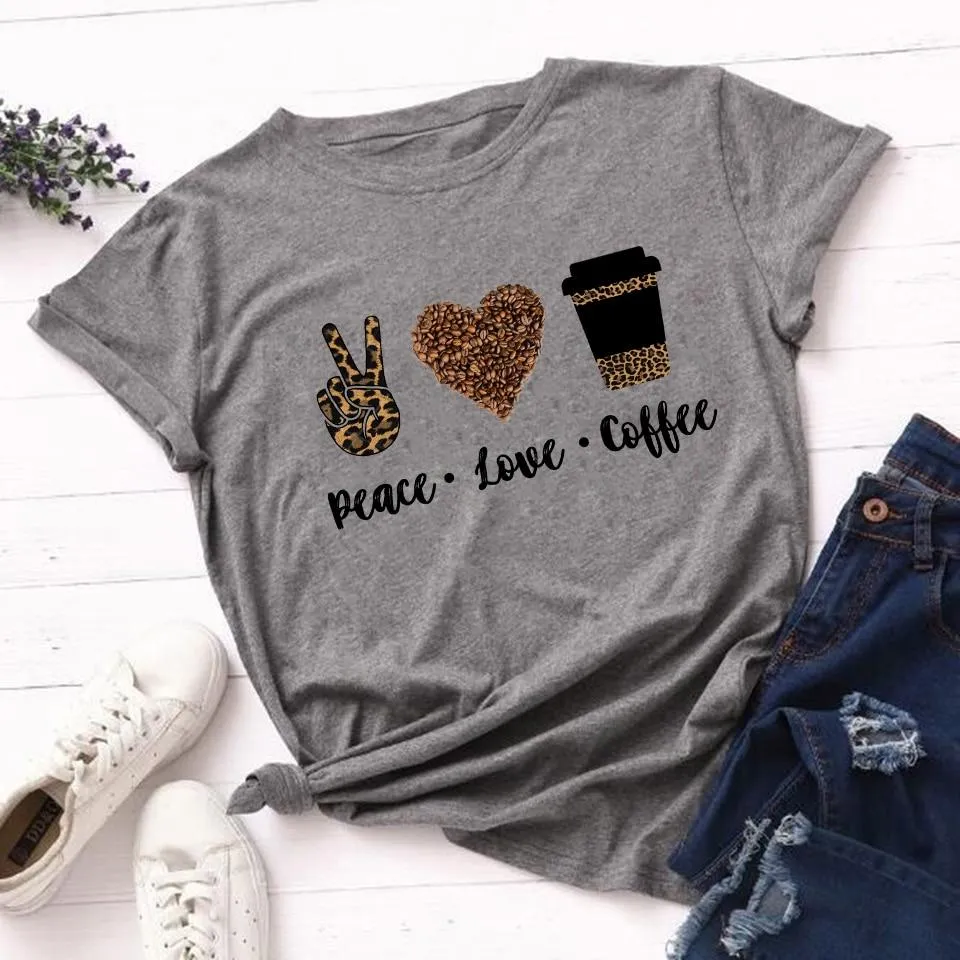 Woman Leopard Peace Love Coffee Streetwear Casual T Shirts