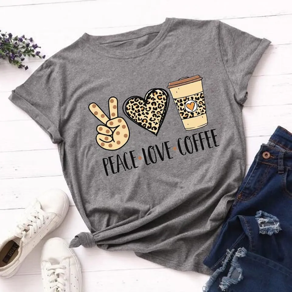 Woman Leopard Peace Love Coffee Streetwear Casual T Shirts