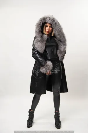 Women's Scarlett Real Sheepskin Jacket With Fox [Black/Silver]